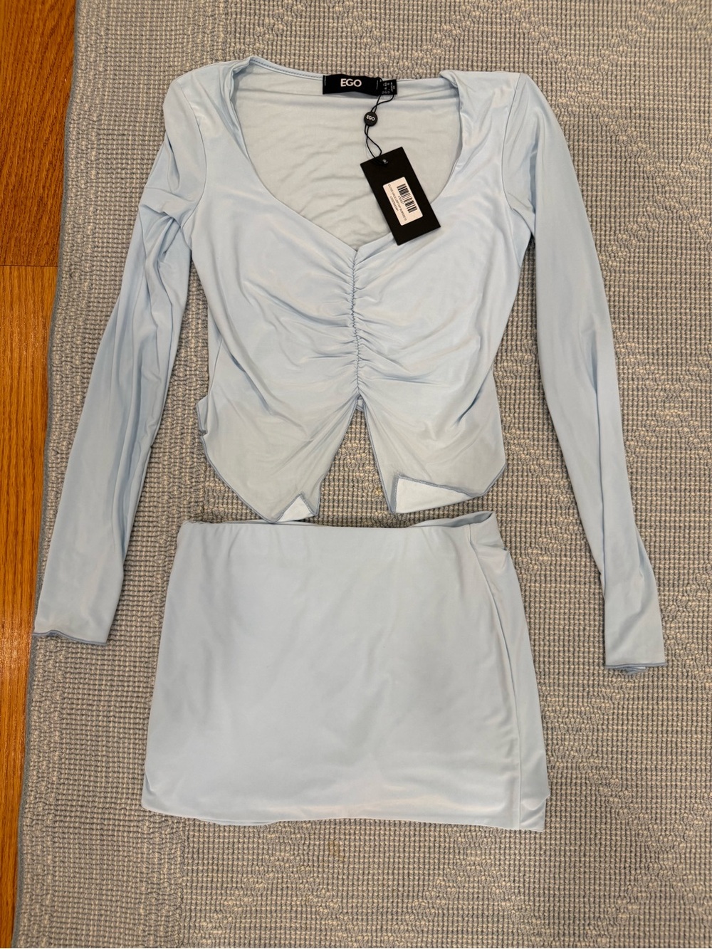 EGO Pale Blue Ruched Long Sleeve Mini Skirt Set